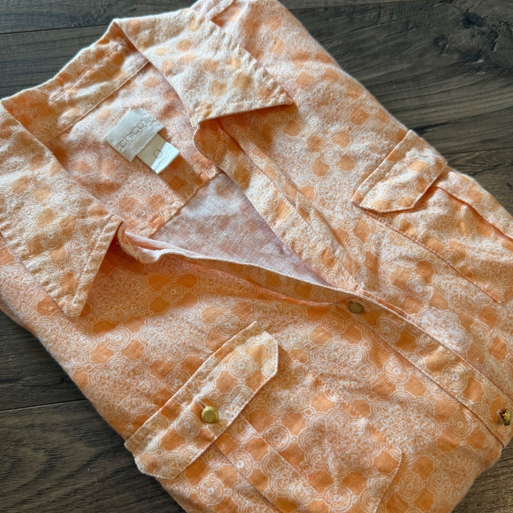 Chicos Orange Medallion Print Linen Button Down Shirt‎ 3/4 Sleeve Size 0 Small